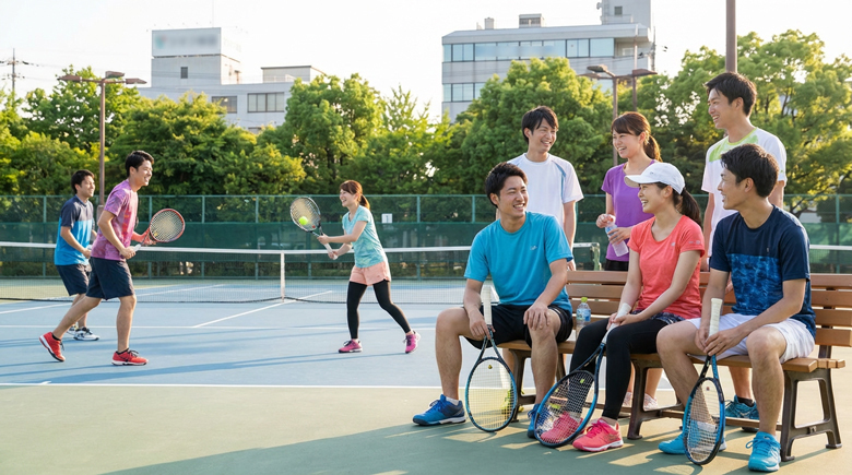 テニスコートで明るく交流する男女のグループ